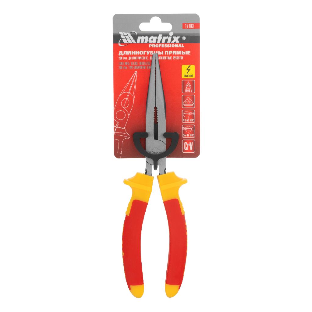 картинка Длинногубцы прямые Insulated, 200 мм, двухкомпонентные рукоятки Matrix Professional от ООО "Строительный Крепеж"