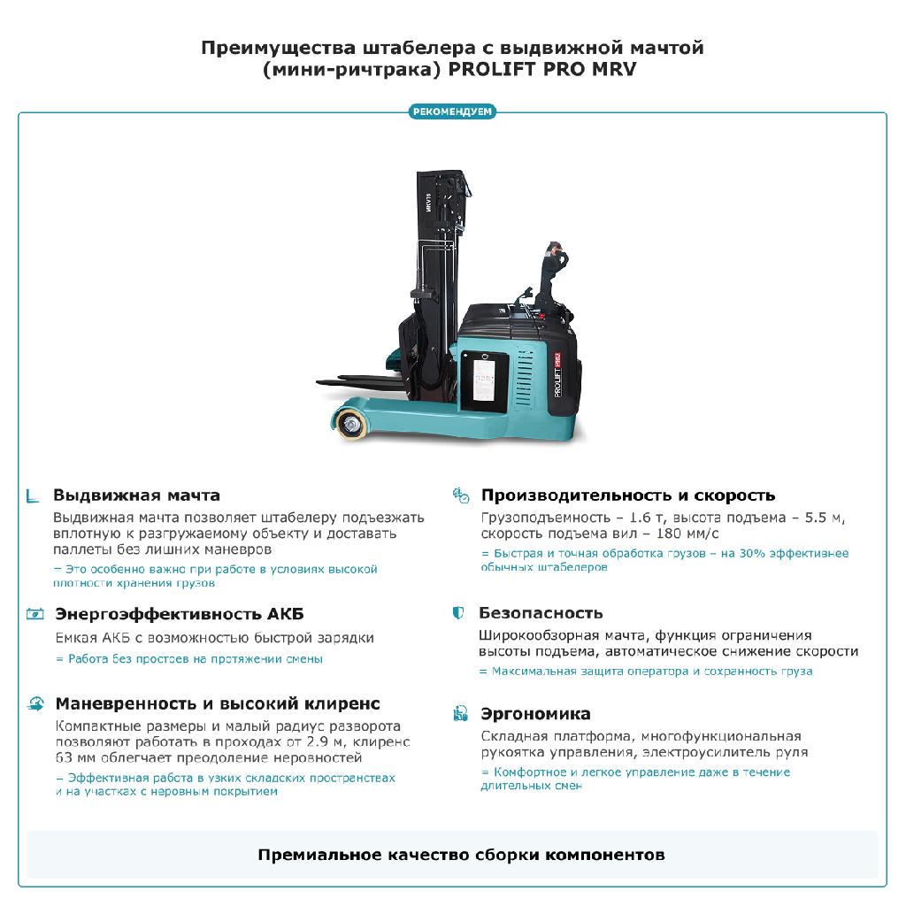 картинка Штабелер с выдвижной мачтой (мини-ричтрак) PROLIFT PRO MRV 1655 от ООО «Строительный крепеж»