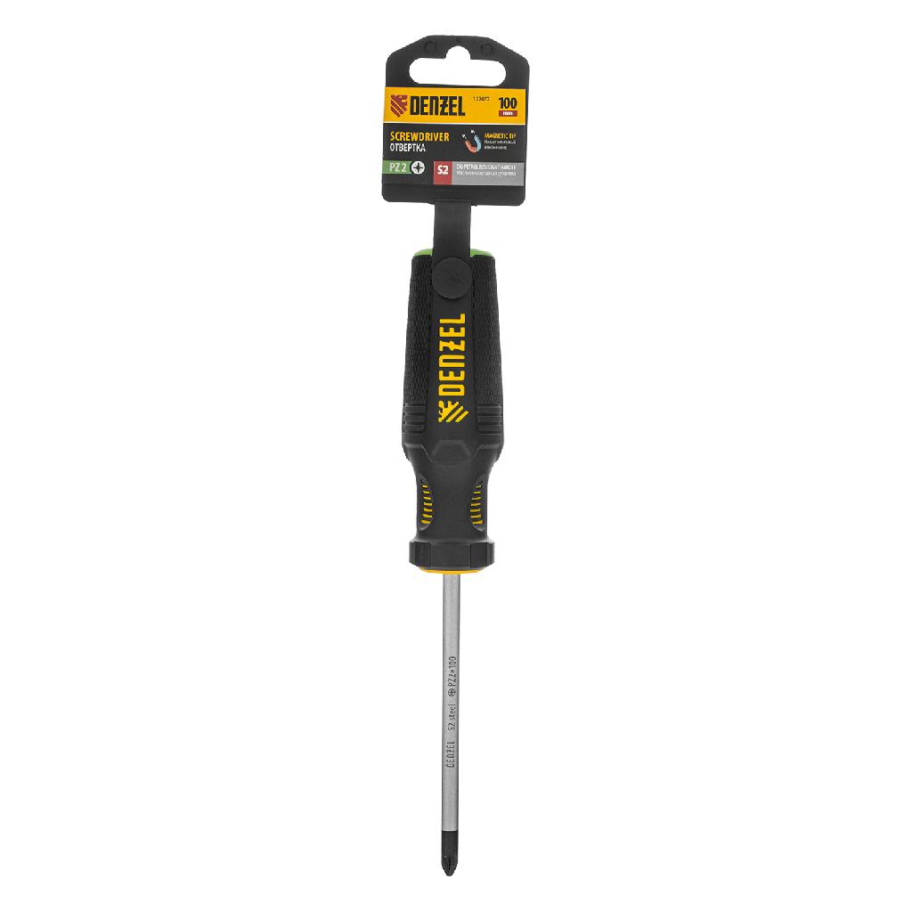 картинка Отвертка, PZ2x100 мм, S2, 3к рукоятка Denzel от ООО "Строительный Крепеж"