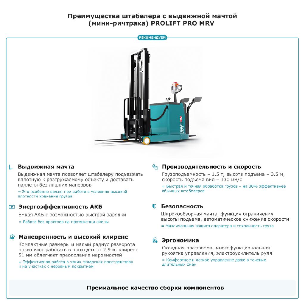 картинка Штабелер с выдвижной мачтой (мини-ричтрак) PROLIFT PRO MRV 1535 от ООО «Строительный крепеж»