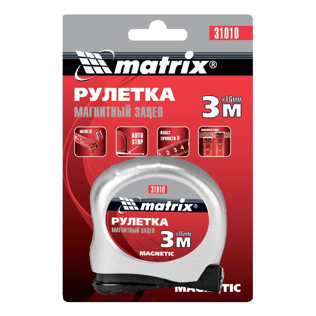 картинка Рулетка Magnetic,3 м х 16 мм,магнитный зацеп Matrix от ООО "Строительный Крепеж"