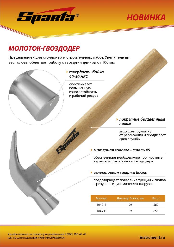 картинка Молоток-гвоздодер, 650 г, боек 32 мм, деревянная рукоятка Sparta от ООО "Строительный Крепеж"